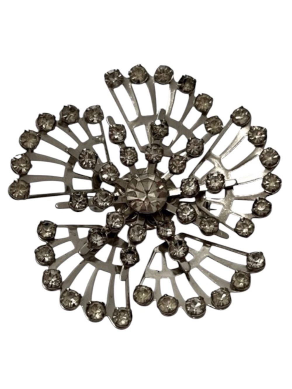 Mid Century Starburst Silver Tone Rhinestone Brooch. Pre owned 2.25" wide